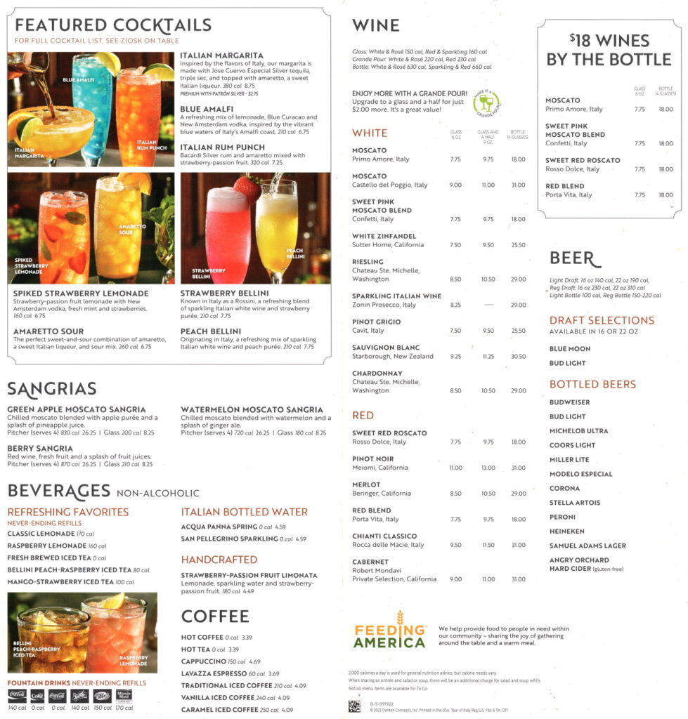 Olive Garden Drink List