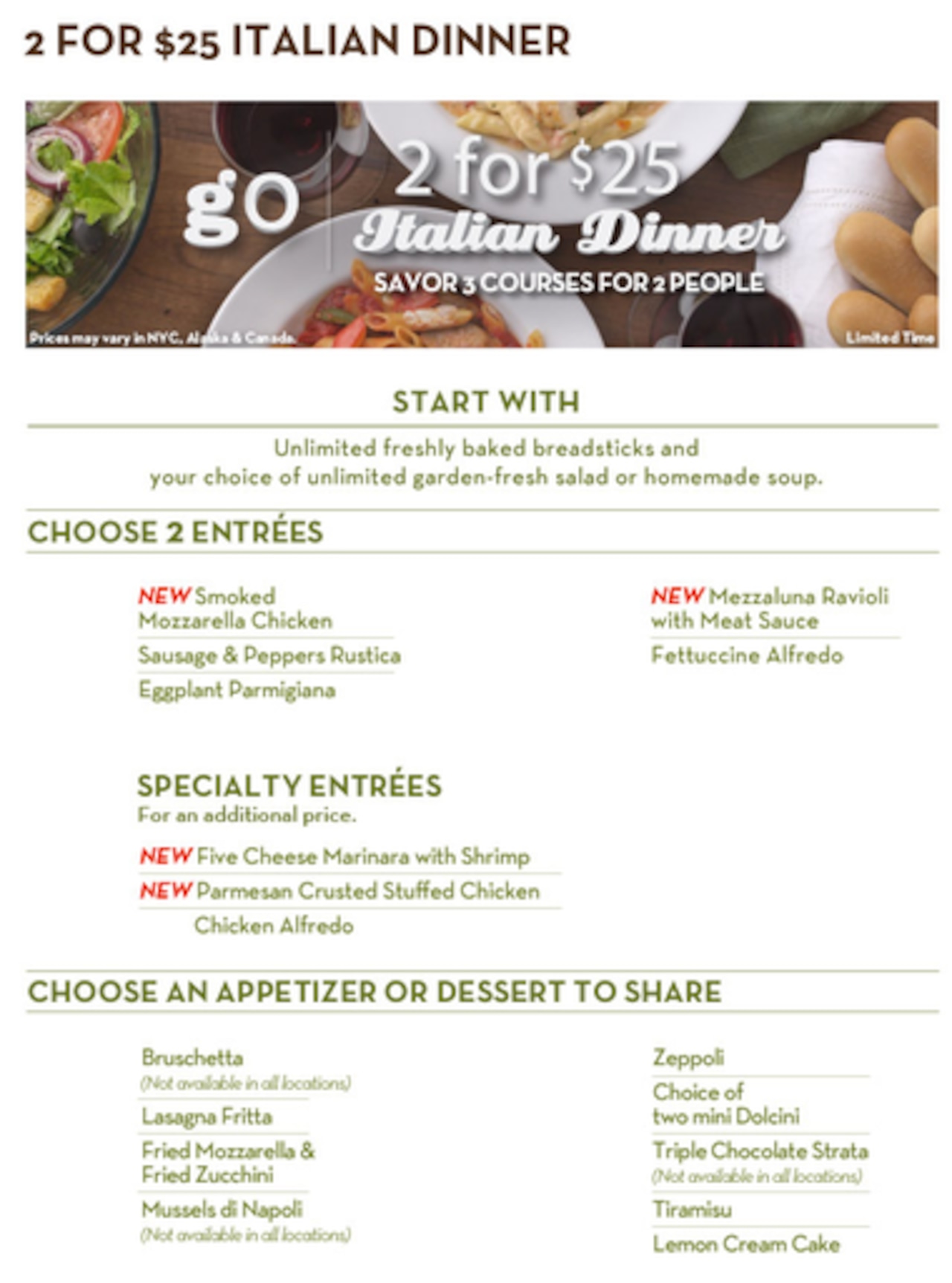 Olive Garden Menu 2 for $25 Specials