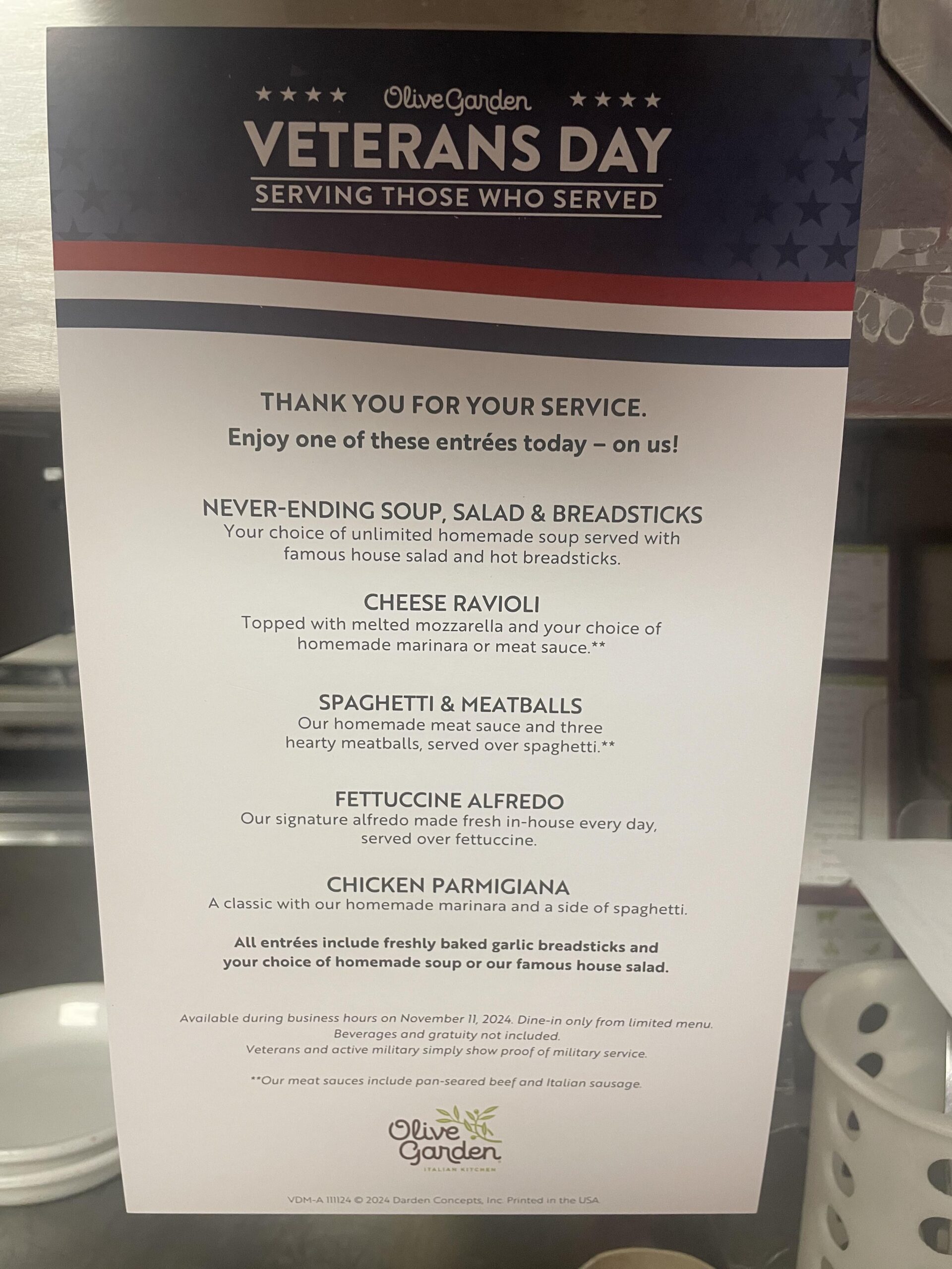Olive Garden Menu for Veterans Day