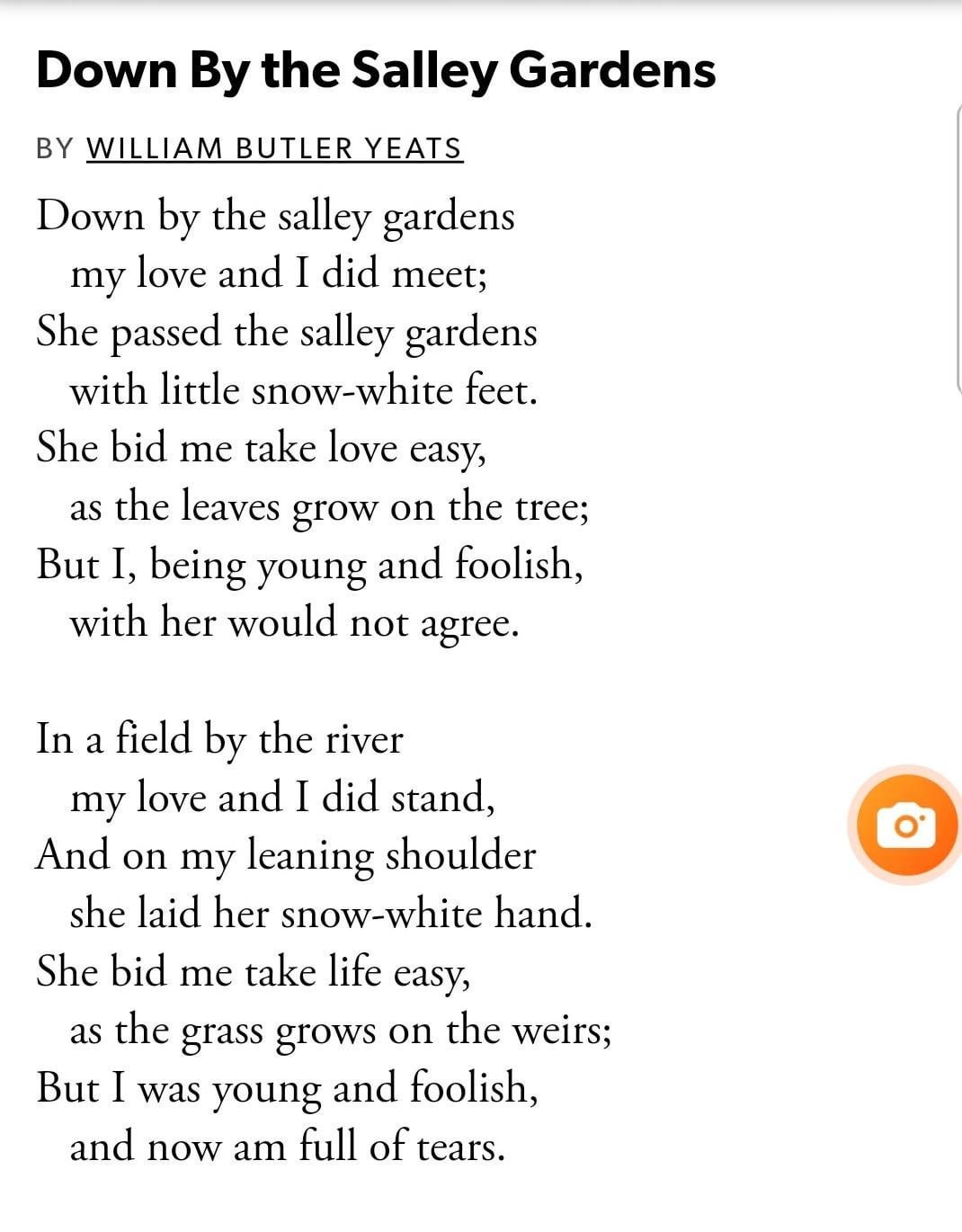 Down by the Salley Gardens Poem