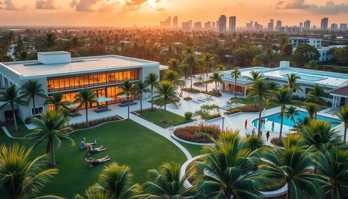 A sprawling, modern rehabilitation facility nestled amidst lush, palm-studded grounds in sunny Florida. The main building features a clean, contemporary design with large windows and a welcoming entryway. In the foreground, patients engage in various therapeutic activities, from group counseling sessions to yoga and mindfulness classes, all under the guidance of attentive, compassionate staff. The middle ground showcases the facility's state-of-the-art amenities, including a fully-equipped gym, a tranquil meditation garden, and a resort-style pool. In the background, the Miami skyline glimmers, a testament to the facility's convenient location and access to the vibrant local community. Warm, diffused lighting creates a calming, rejuvenating atmosphere, conveying a sense of hope and healing.