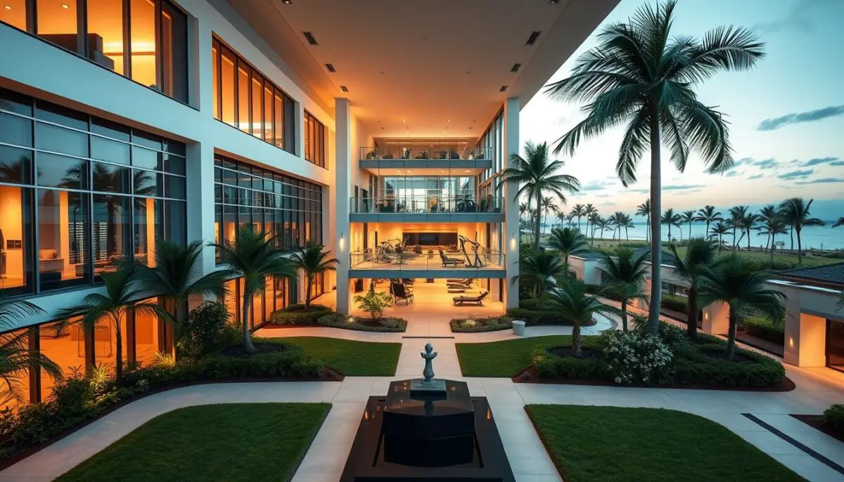 A stunning, modern rehab center nestled in the lush, tropical landscape of Florida. The building's sleek, contemporary architecture features floor-to-ceiling windows that flood the interior with warm, natural light. In the foreground, a tranquil courtyard garden with carefully manicured pathways and serene water features. Middle ground showcases the state-of-the-art fitness center and therapy rooms, equipped with the latest equipment and designed for optimal healing. The background reveals the serene, palm-lined horizon, creating a calming, resort-like ambiance. Crisp, dramatic lighting accentuates the clean lines and soothing color palette. The overall atmosphere exudes a sense of luxury, comfort, and rejuvenation, perfectly reflecting the high-quality care provided within.