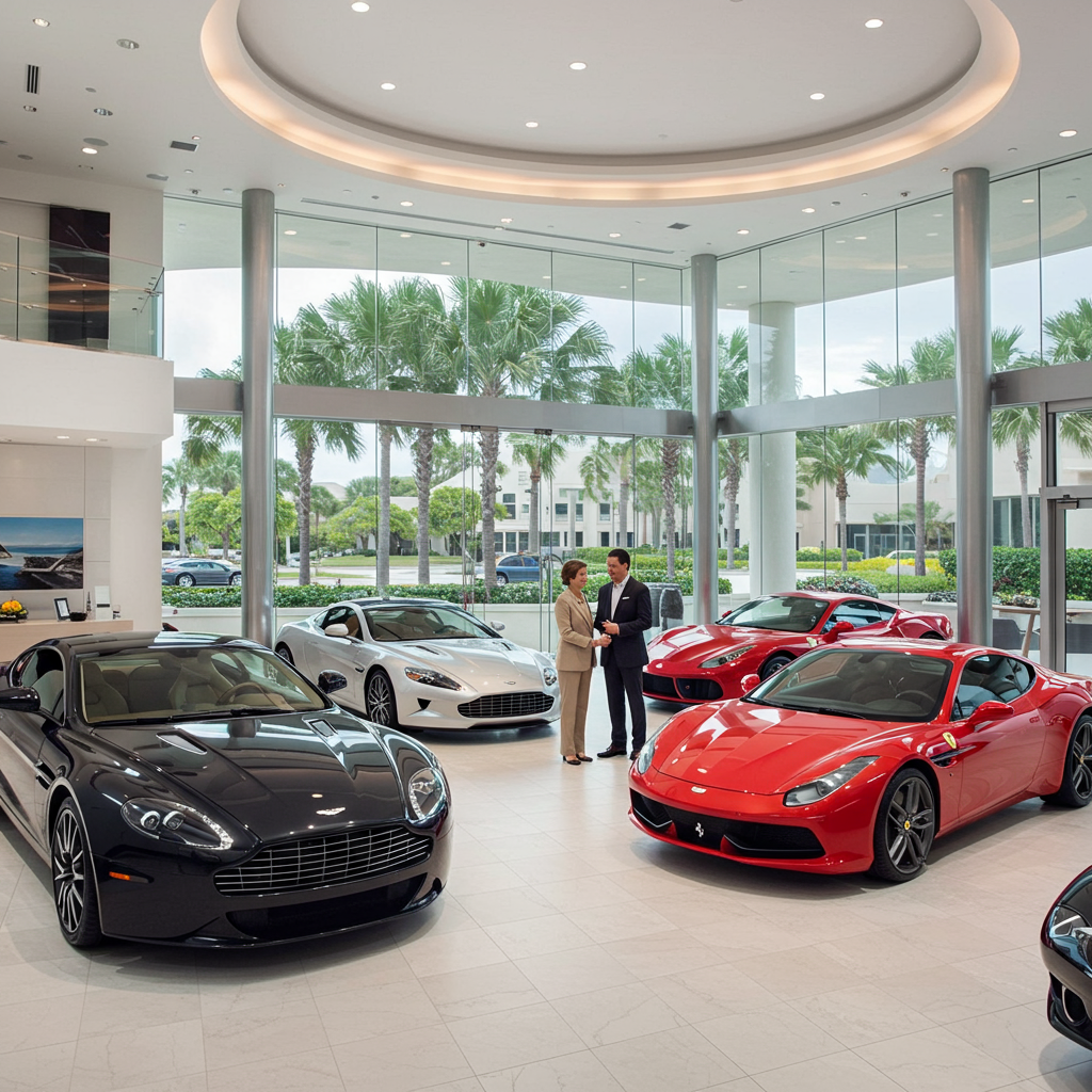 Generate a high-quality, relevant image prompt for an article about: Luxury Car Dealerships: Explore