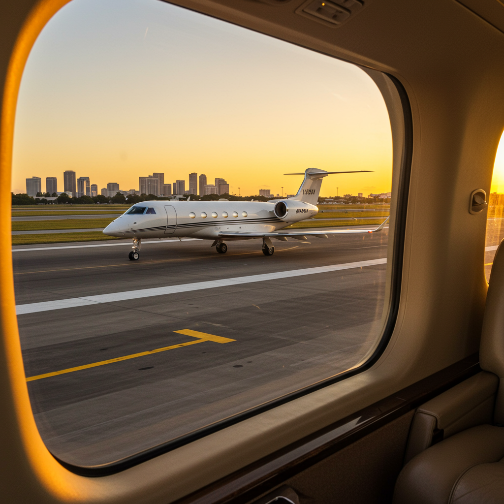 Generate a high-quality, relevant image prompt for an article about: Palm Beach Gardens Private Jet