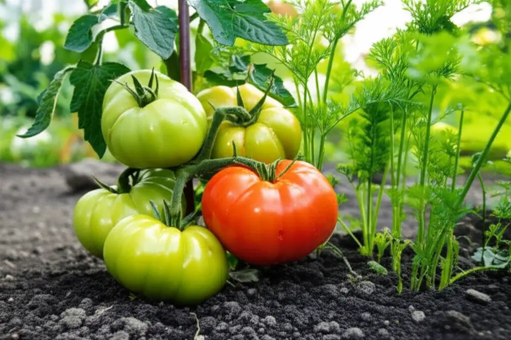 Generate a high-quality, relevant image prompt for an article about: Companion Planting: Tomatoes &