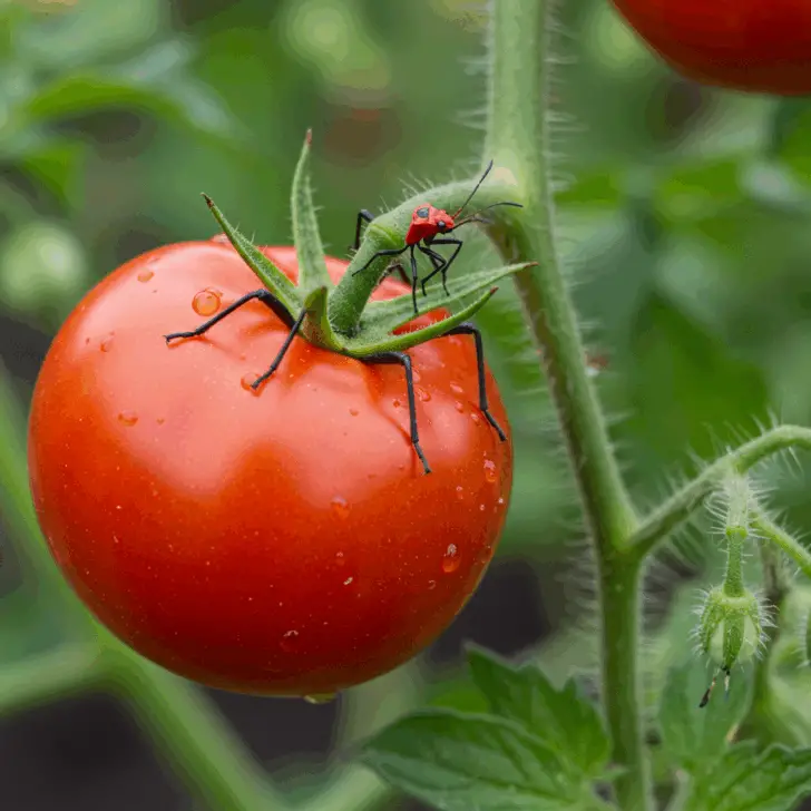 Generate a high-quality, relevant image prompt for an article about: Red Bugs on Tomato Plants: Effe