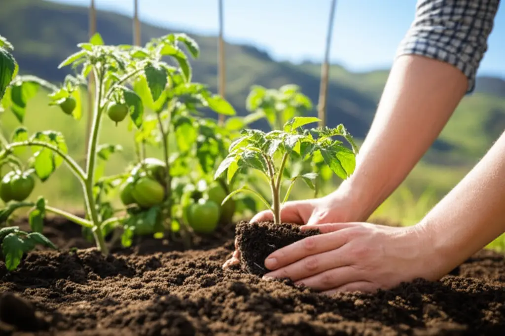 Generate a high-quality, relevant image prompt for an article about: Planting Tomatoes in California