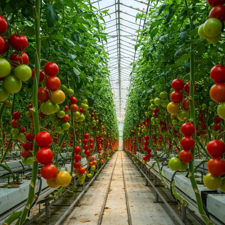 Generate a high-quality, relevant image prompt for an article about: Greenhouse Tomatoes: Effortless
