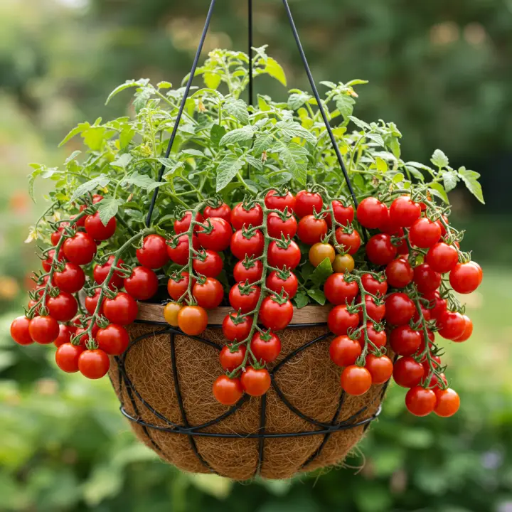 Generate a high-quality, relevant image prompt for an article about: Hanging Basket Cherry Tomato: U