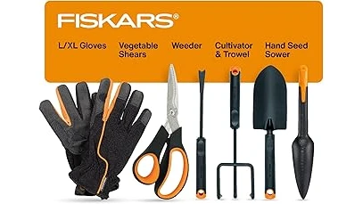 The image shows a selection of essential gardening tools for a patio vegetable garden from a popular review.