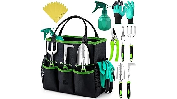 The image shows a collection of essential tools for container vegetable gardening, highlighting popular items.