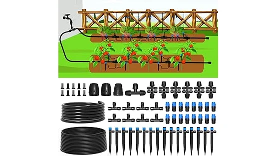 The image shows a selection of drip irrigation kits with hoses and emitters for vegetable gardens.