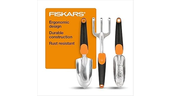 The image shows a hand holding a comfortable, easy-grip garden trowel, highlighting ergonomic tool design.