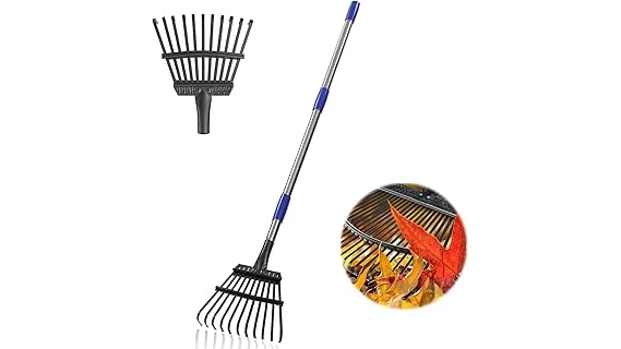 The image shows a sturdy garden rake with a long handle, ideal for vegetable beds in a review.
