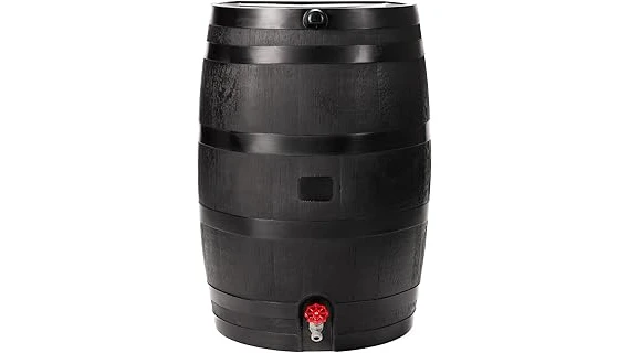 The image shows a collection of rain barrels, suggesting the Top 10 Best Rain Barrels for Vegetable Gardeners Review.