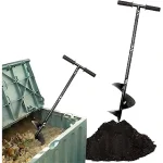 This image shows a collection of essential tools for efficiently mixing compost and soil in a garden.