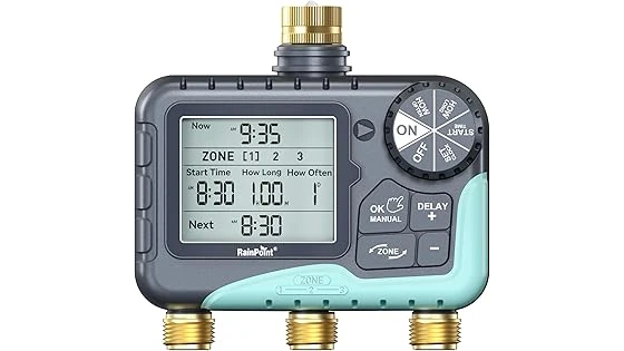 The image shows a variety of water timers suitable for a vegetable garden review.