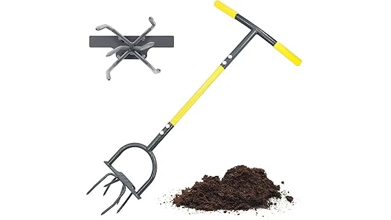 The image shows a collection of garden tools designed for loosening hard soil, featured in a review.