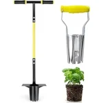 The image shows a gardener using a long-handled trowel to plant flowers, illustrating top gardening tools.