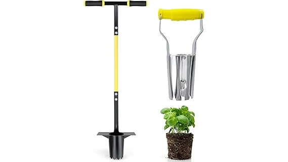 The image shows a gardener using a long-handled trowel to plant flowers, illustrating top gardening tools.