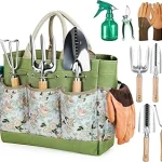 The image shows a selection of five essential hand tools for planting flowers in small garden beds.