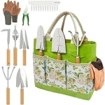 This image shows essential gardening tools for planting flowers in raised beds.