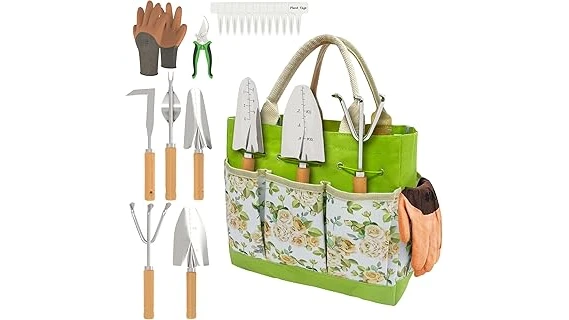 This image shows essential gardening tools for planting flowers in raised beds.