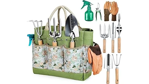 The image shows a set of five essential gardening tools for planting flowers indoors.
