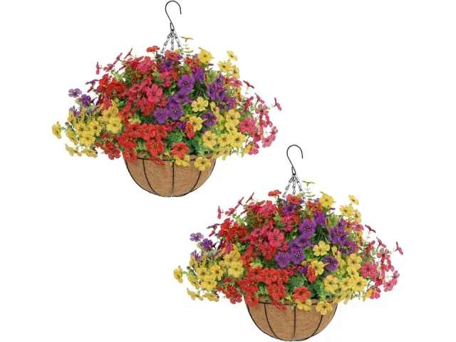 Senjie 2 Set Artificial Hanging Flowers Basket Outdoor