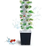 The image shows a person tending to a lush garden with multiple outdoor hydroponic systems, part of a featured post.