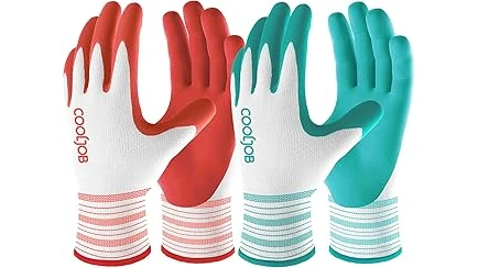 The image shows hands wearing durable gardening gloves, ready for vegetable planting in a garden bed.