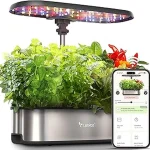 The image shows a lush vegetable garden growing in a modern hydroponic system.