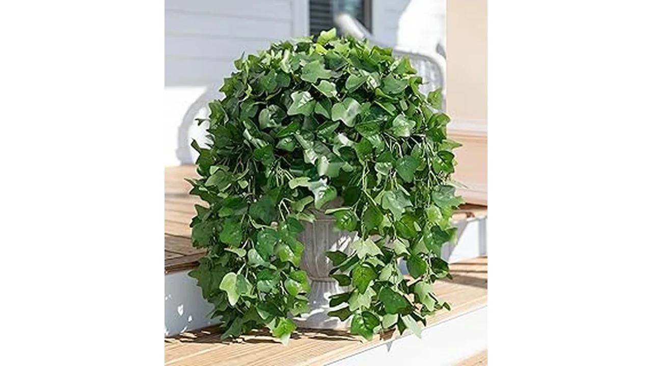 The image shows a collection of lush, lifelike large artificial hanging plants perfect for indoor and outdoor spaces.