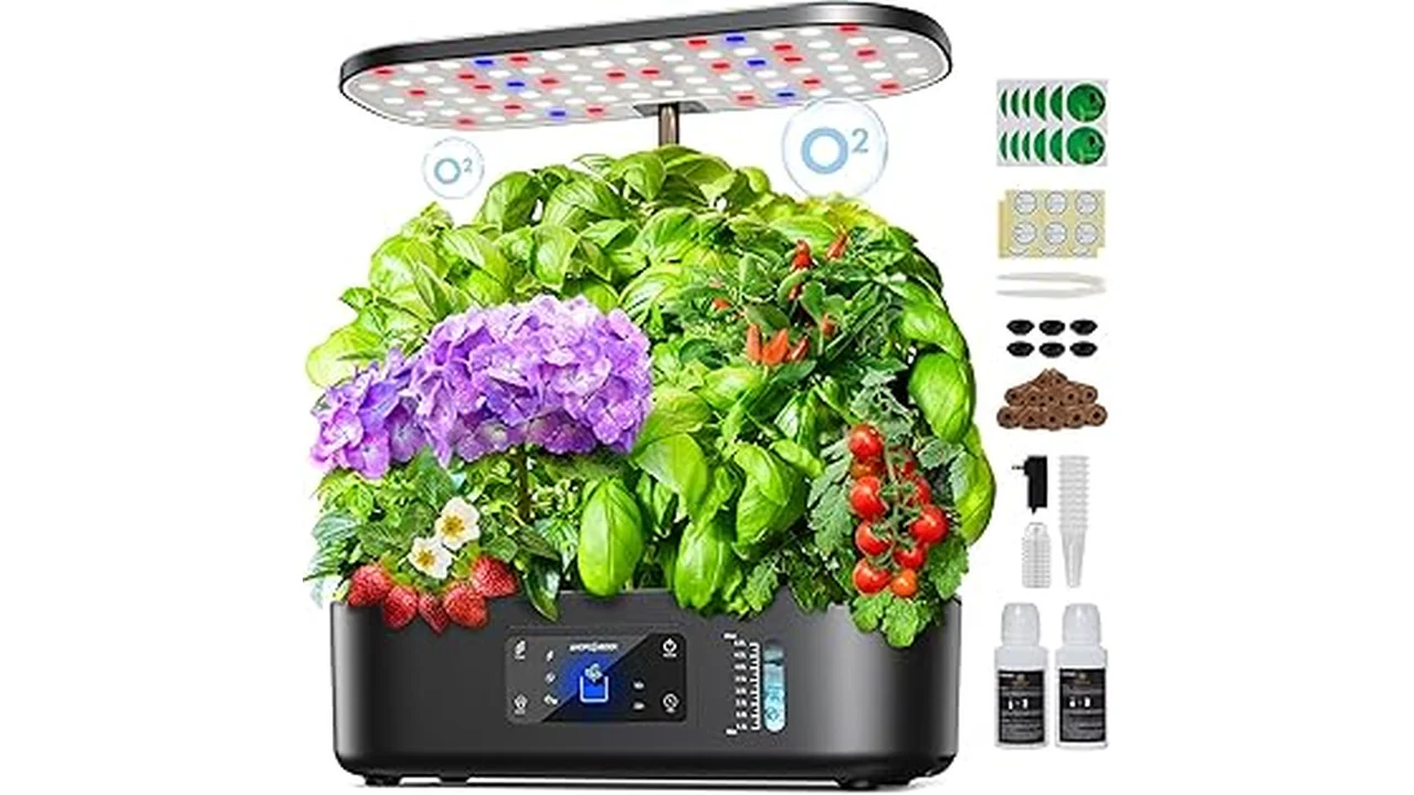 The image shows a modern, compact hydroponic system ideal for growing fresh produce at home.