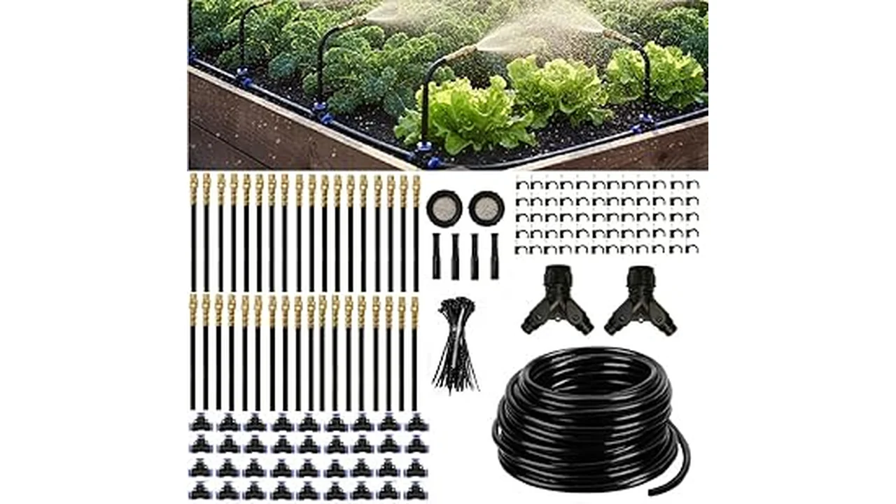 The image shows a connected automatic watering system installed on a raised garden bed.