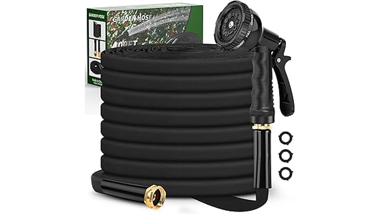 The image shows a 100-foot garden hose, a popular item at a Florida home improvement store.