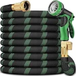 The image shows a coil of a green rubber garden hose, perfect for Florida's watering needs.