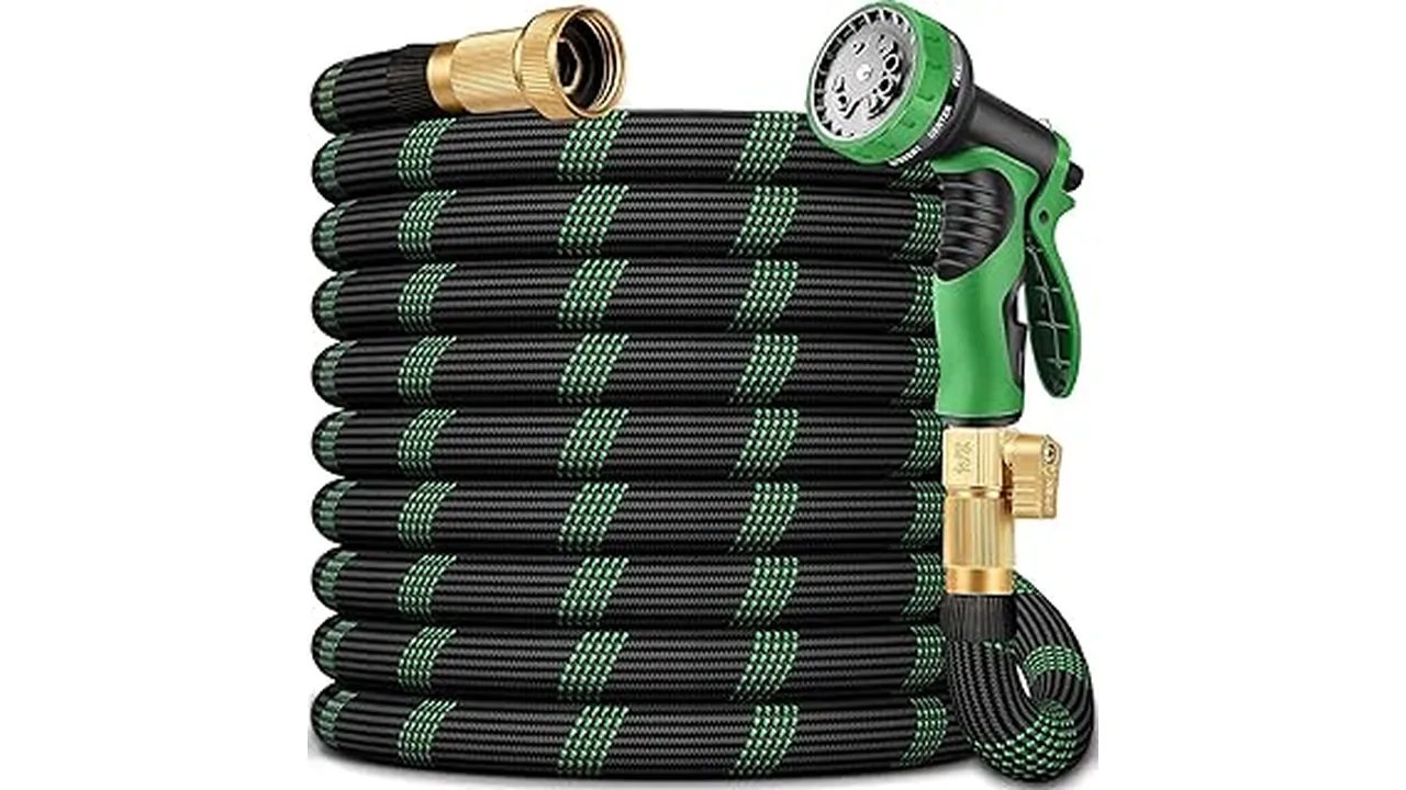 The image shows a coil of a green rubber garden hose, perfect for Florida's watering needs.
