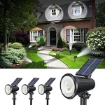 The image shows a collection of stylish solar garden lights illuminating a lush Florida outdoor space at dusk.