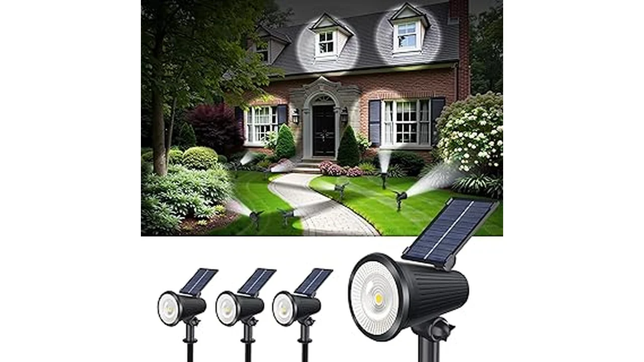 The image shows a collection of stylish solar garden lights illuminating a lush Florida outdoor space at dusk.