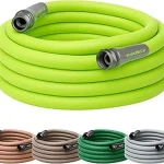 The image shows a bright green, flexible garden hose coiled on a sunny Florida patio.