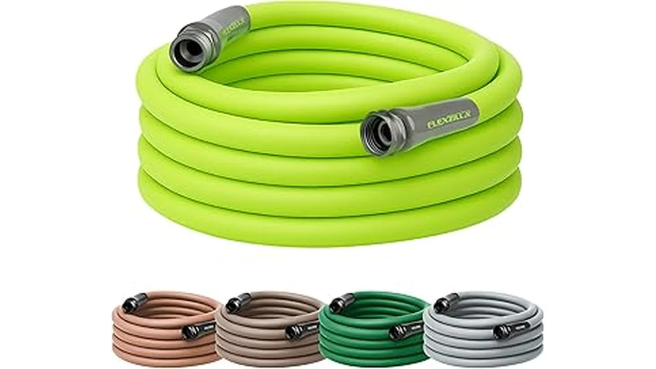 The image shows a bright green, flexible garden hose coiled on a sunny Florida patio.
