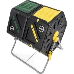 The image shows a dual chamber compost tumbler, a popular choice for efficient composting.