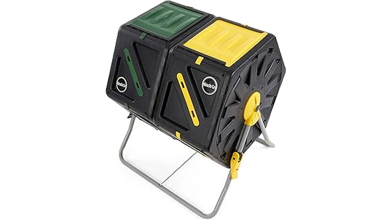 The image shows a dual chamber compost tumbler, a popular choice for efficient composting.