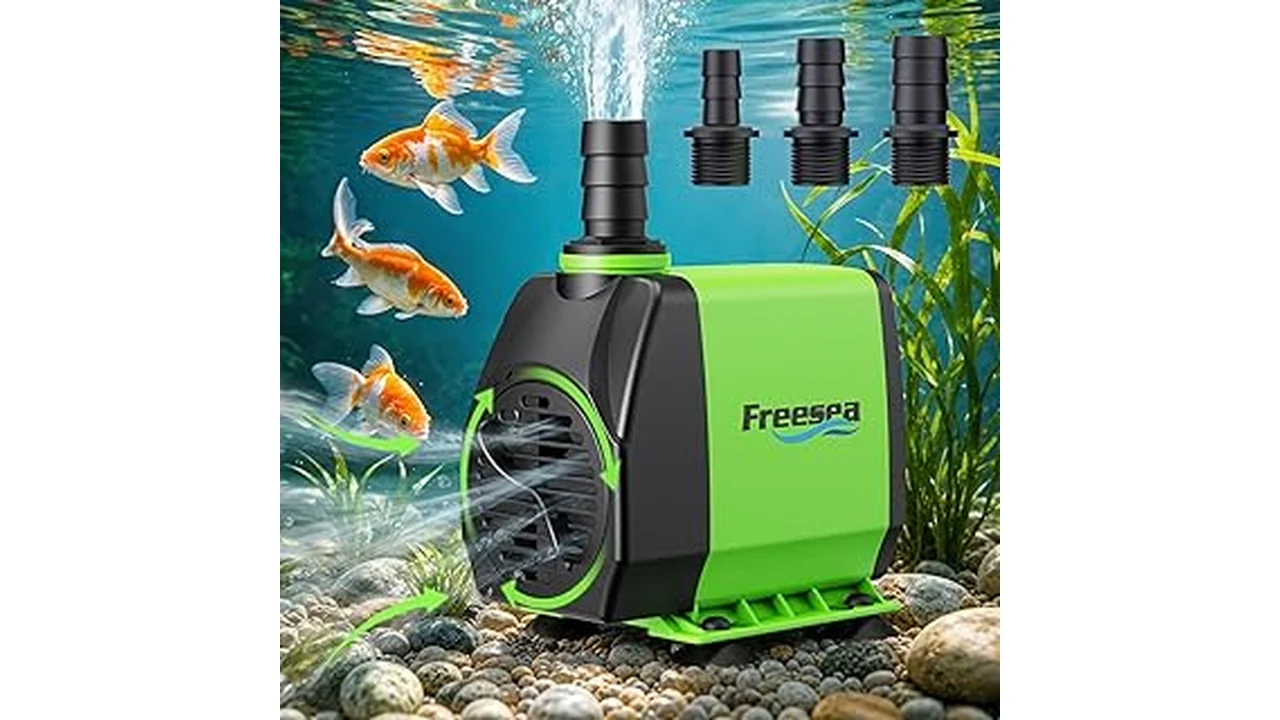 The image shows various powerful and compact pond pumps suitable for small Florida water gardens.