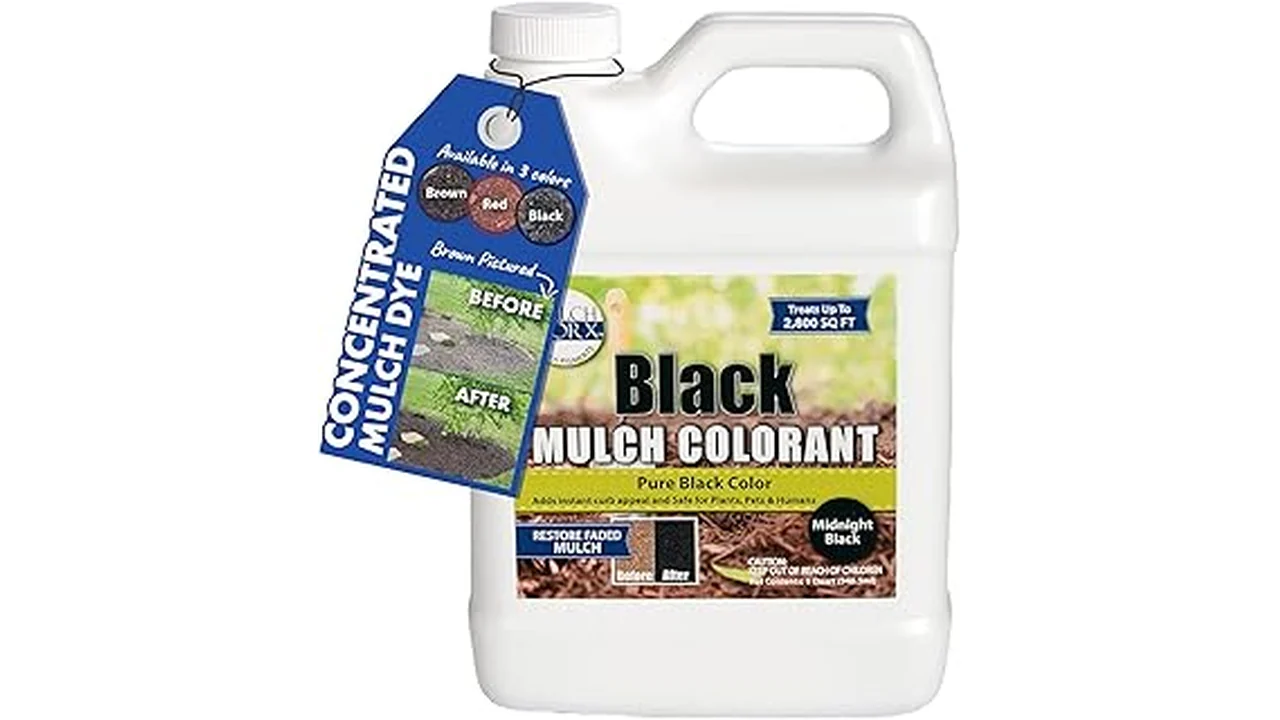 The image shows bags of mulch ready for planting in colorful flower beds.