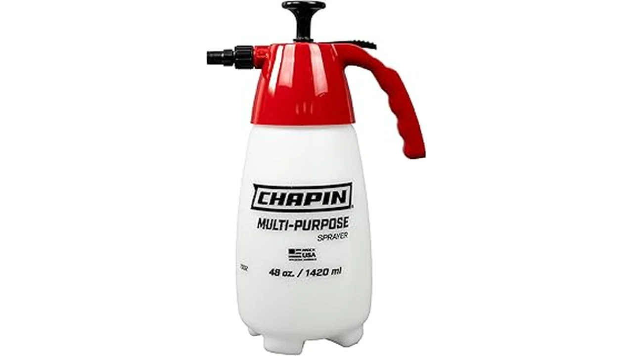 The image shows a close-up of a high-pressure hand pump sprayer, perfect for garden use.