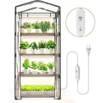 The image shows a compact indoor greenhouse with integrated grow lights, perfect for a top 10 list.