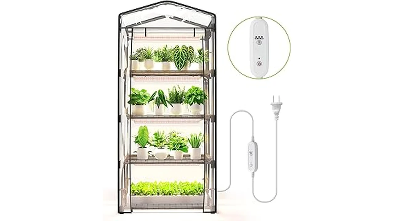 The image shows a compact indoor greenhouse with integrated grow lights, perfect for a top 10 list.