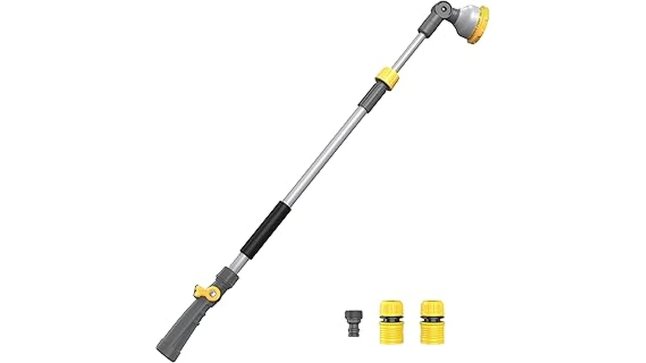 The image shows an adjustable watering wand being used to water garden shrubs, highlighting top choices.
